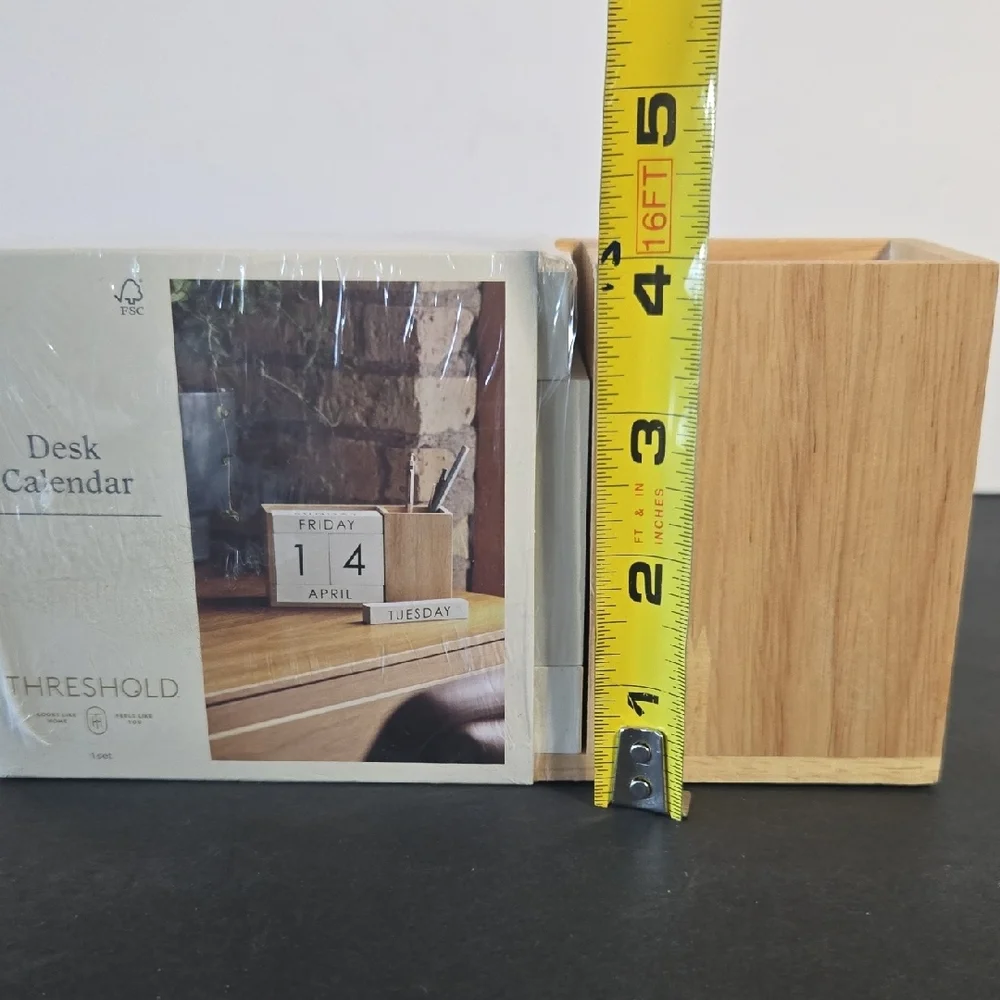 NEW Threshold Natural Wood Desk Calendar and Pencil/Pen Cup
